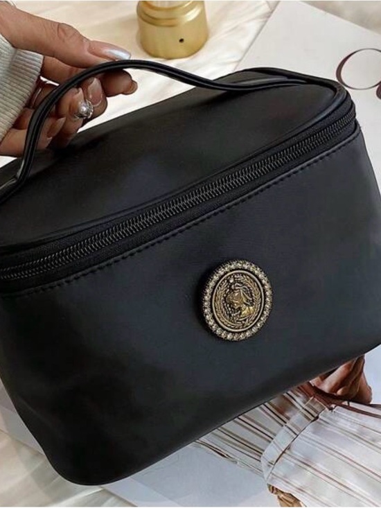 None Handbags - Black Women’s Top-Handle Cosmetic Bag with Gold Medallion